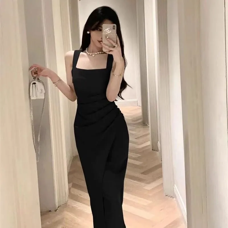 Women Premium Light Green Draped Square Neck Mid Calf Dress Lady Elegant Sleeveless Side Slit Dress Female Summer Concise Dress