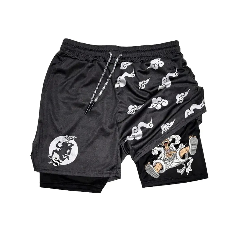 Anime One Piece Men's Shorts Quick-dry Double Layer 2-in-1 Pants Summer Graphic Print Workout Training Fitness Sports Gym Shorts