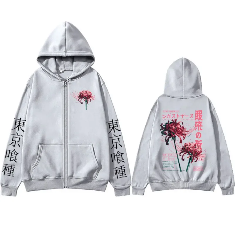 Anime Tokyo Ghoul Ken Kaneki Grunge Flower Japanese Spider Lily Zipper Hoodies Men's Zip Up Sweatshirts Long Sleeves Jacket Caot