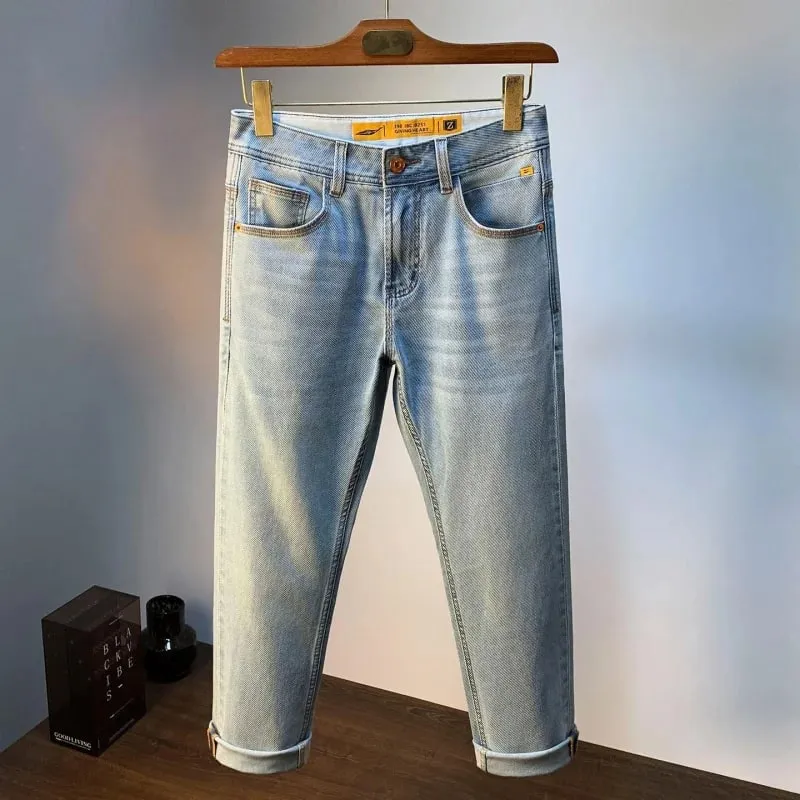 Light blue slim straight jeans for men men's casual denim pants that are thin breathable elastic and versatile for a stylish