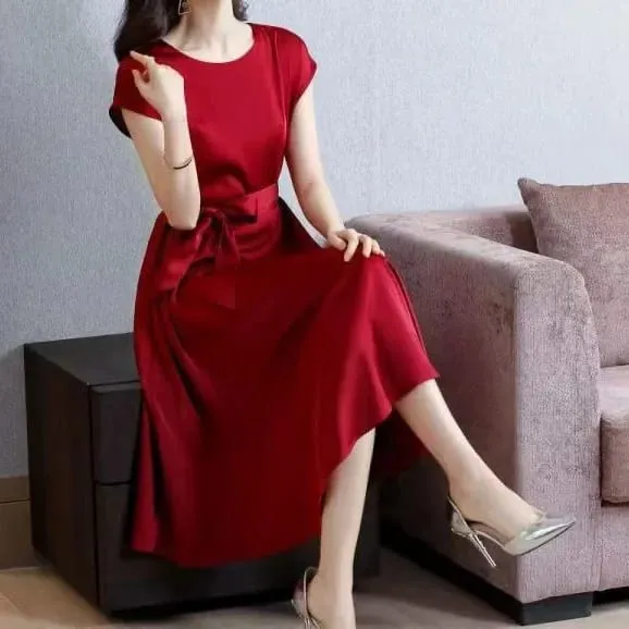 Casual Loose plus Size Solid Color Dress Women's Summer New Style Cool Mom Clothes Long Midi Dress Slimming Effect
