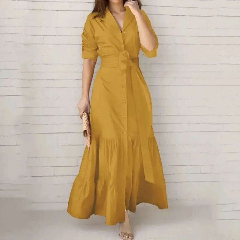 Spring Summer New Women's Long Solid Color Shirt Dresses Versatile Elegant V Neck Lace Up Cinched Waist Single Breasted Dress