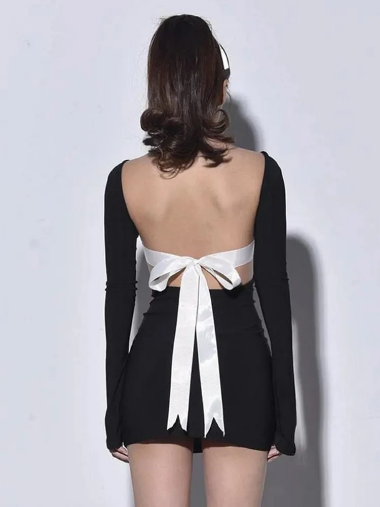 Robe moulante Sexy dos nu pour femmes, tenue De Club, avec nœud papillon, manches longues, Streetwear, noire, une pièce, vêtements Y2k