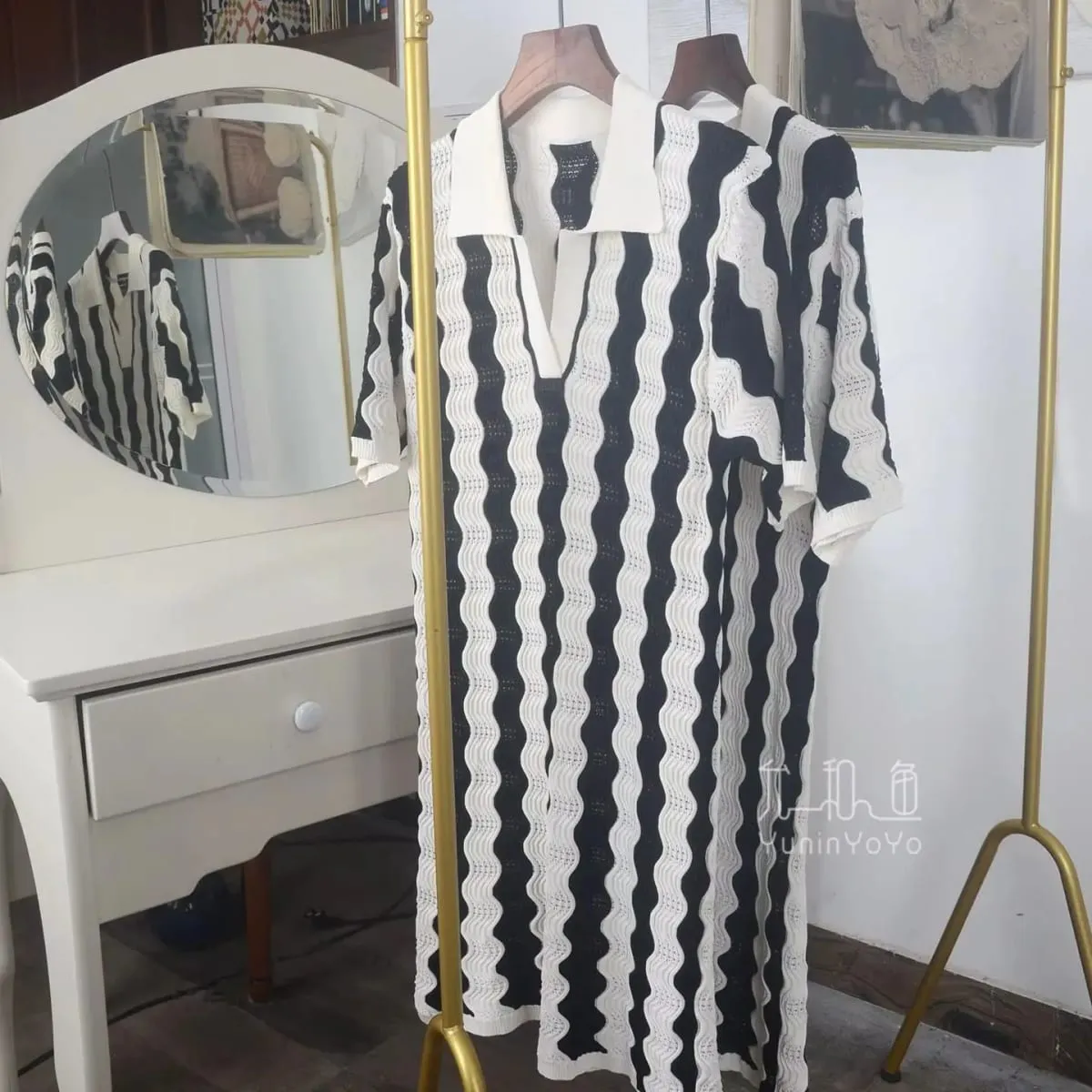 Polo Collar Half Vneck Wave Stripe Knit Dress Women Hollow Jacquard H-line Straight Short Dress Summer Elegant Ladies Mini Dres
