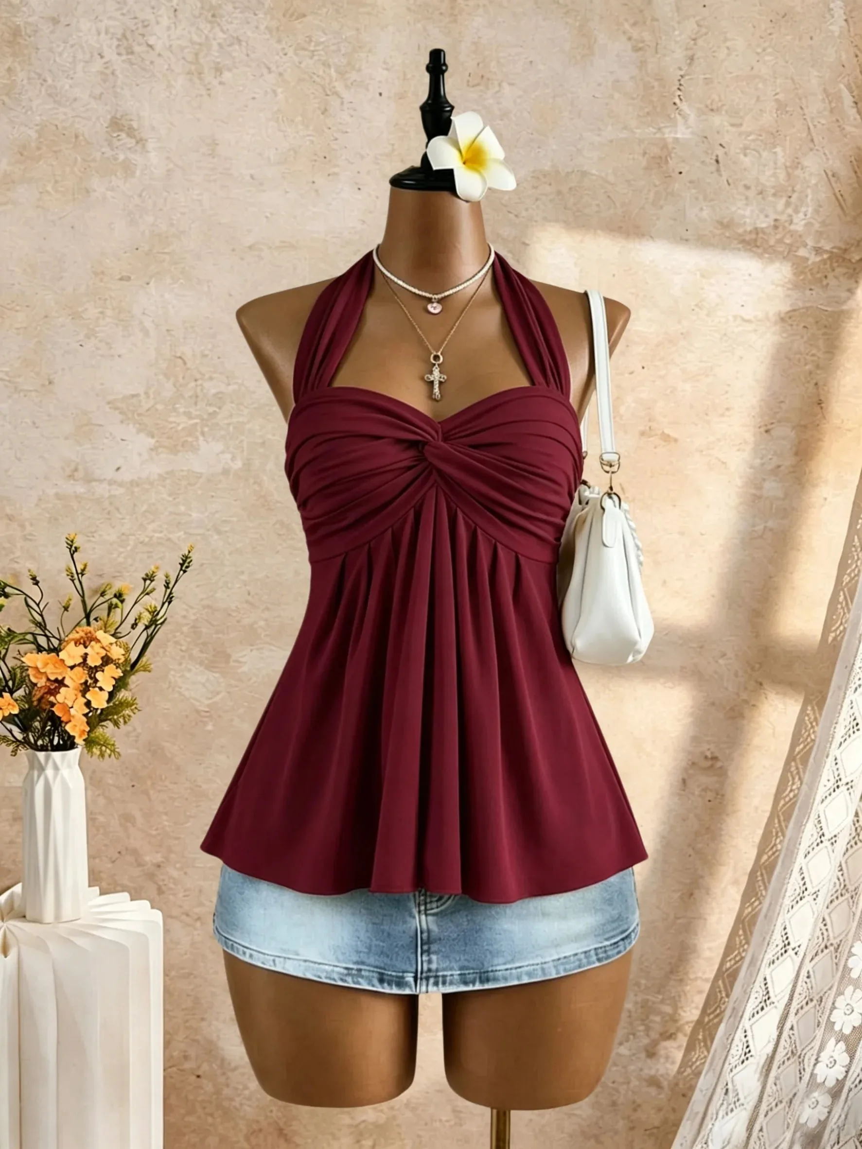 Women Halter Twist Front Sweetheart Neck Flared Peplum Camisole 2026 Summer Y2K Solid White Sleeveless Flowy Beach Vacation Tank