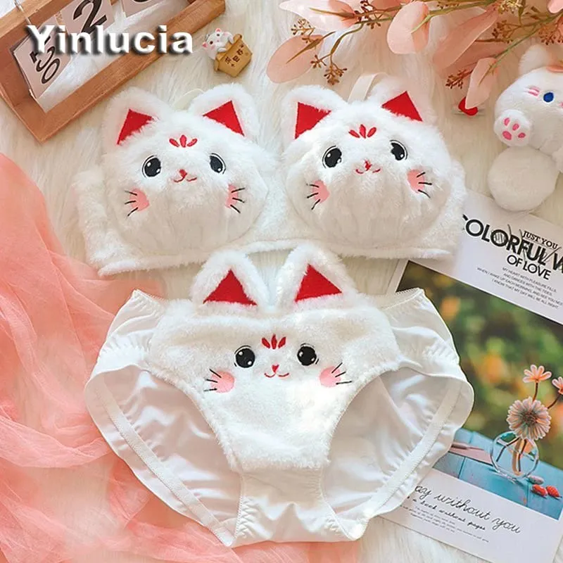 Cute Cartoon Furry Cat Ears Lingerie Bras Underpants Underwear 2 Pcs Sets Sweet Warm Winter Plush Underwear Set Christmas
