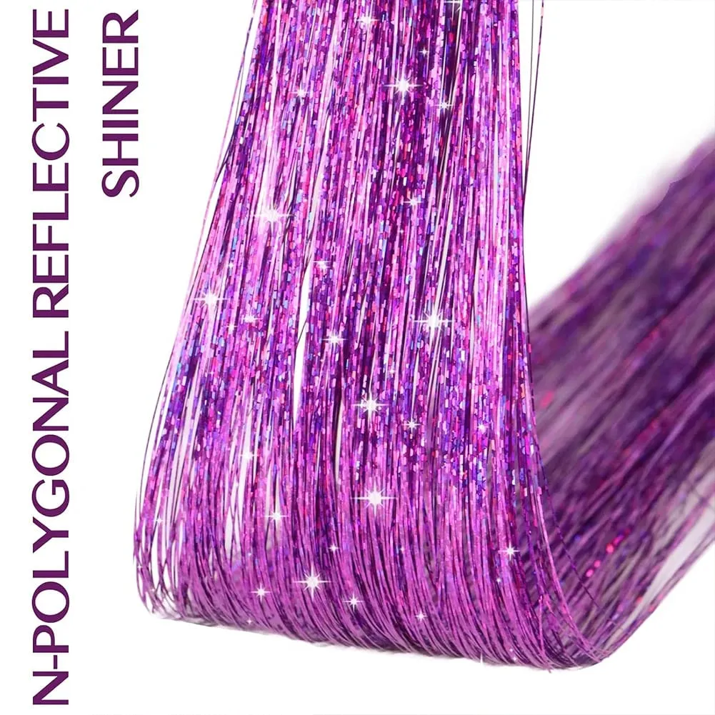 Clip in Hair Tinsel 12Pcs Purple Glitter Hair Extensions Synthetic Shiny Metallic Hair Strands Fairy Hair Tinsel Clip On Hair