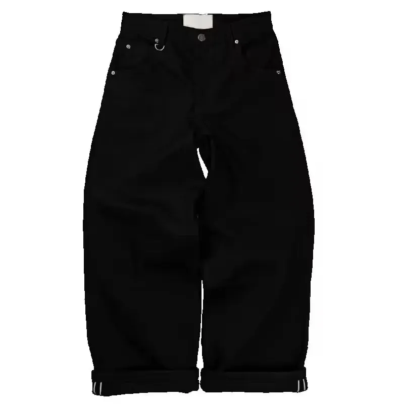 Streetwear Casual Schwarz Breite Bein Jeans Männer Frauen Schwere Gesäßtasche Stickerei Detail Mode Hosen Lose Fit Weiche Denim Y2K