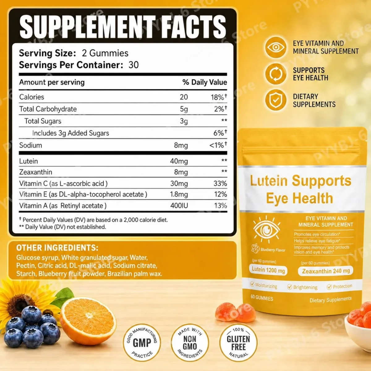 Lutein Eye Health Gummies with 40mg Lutein 8mg Zeaxanthin Vitamins A C E Blueberry Flavor Supports Visual Wellness 60 Gummies