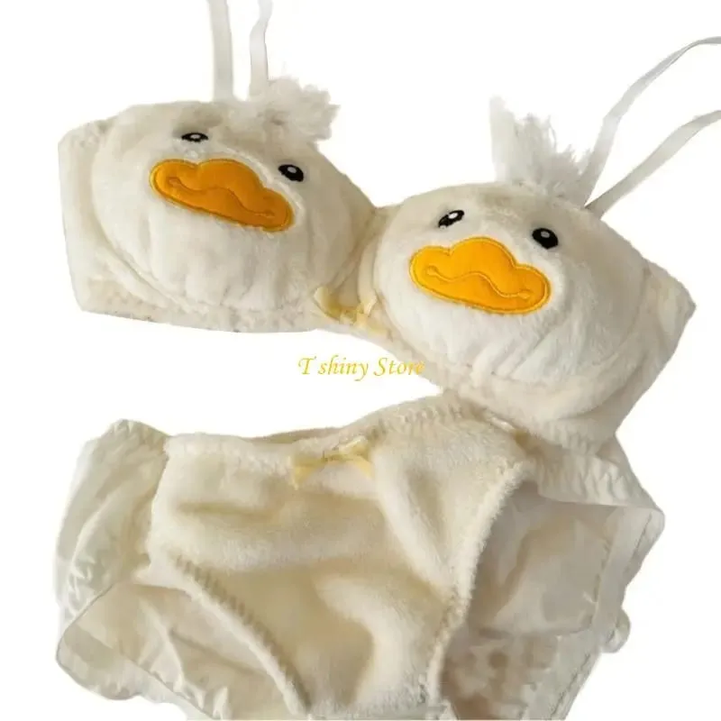 2Pcs Women's Anime Plush Bra and Panty Set Cute Cartoon Duck Pattern Furry Underwear Japanese Cosplay Intimates Lingerie