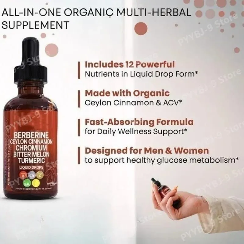 Berberine Chromium Turmeric & Ginseng 2oz Liquid Drops Organic Herbal Supplement for Wellness Supports Healthy Balance