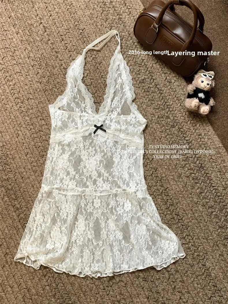 New Polyester Lace Halter Dress Transparent V-neck Hollow Out Camisole Sexy Breathable Beachwear Women