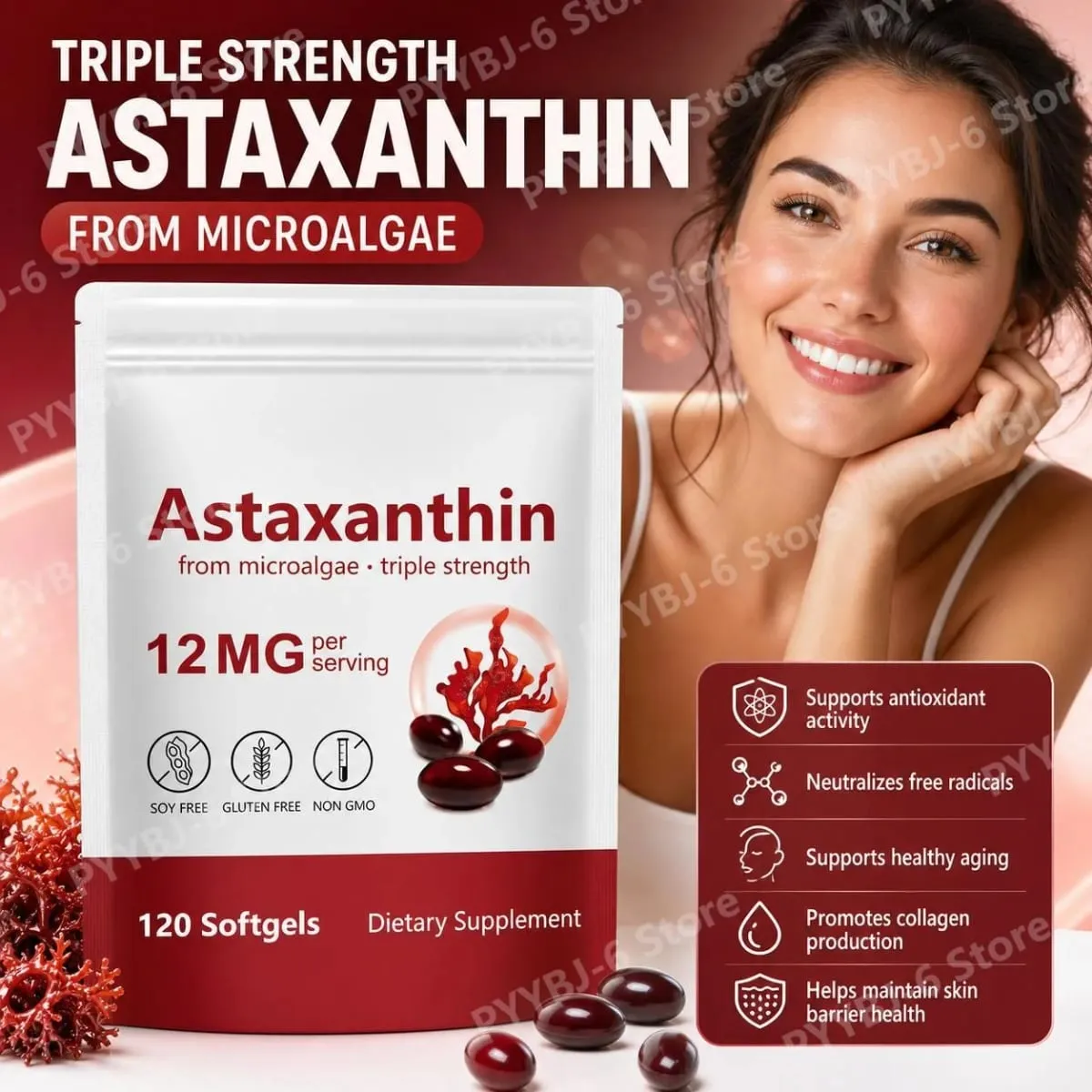 Astaxanthin Softgels Triple Strength From Microalgae Υποστηρίζει την υγιή γήρανση Προωθεί το κολλαγόνο που υποστηρίζει το φραγμό του δέρματος 120 Softgels