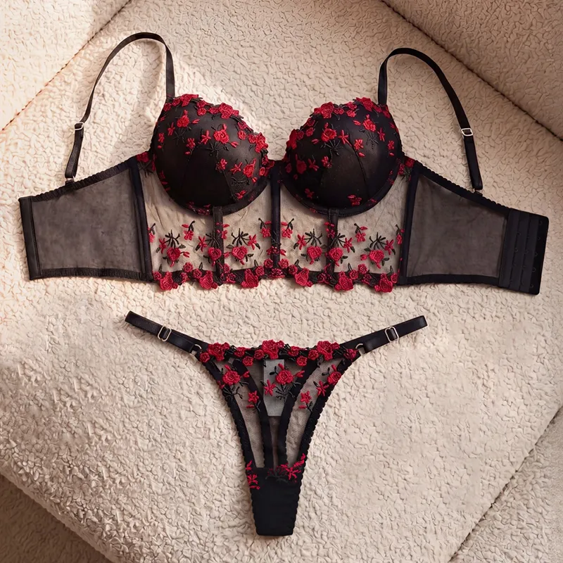 Women's Fishbone Bra Set Romantic Floral Embroidery Mesh Intimate Underwear Padded Push Up Brassiere&Thong 2 Pieces Lingerie Set