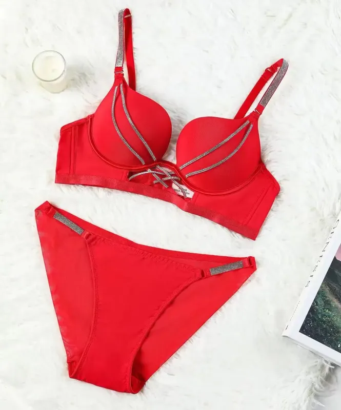 Rhinestone Sexy Bra Set Bralette Girls Underwear Brassiere Fashion Deep V Gather Bras Lingerie Panty Sets