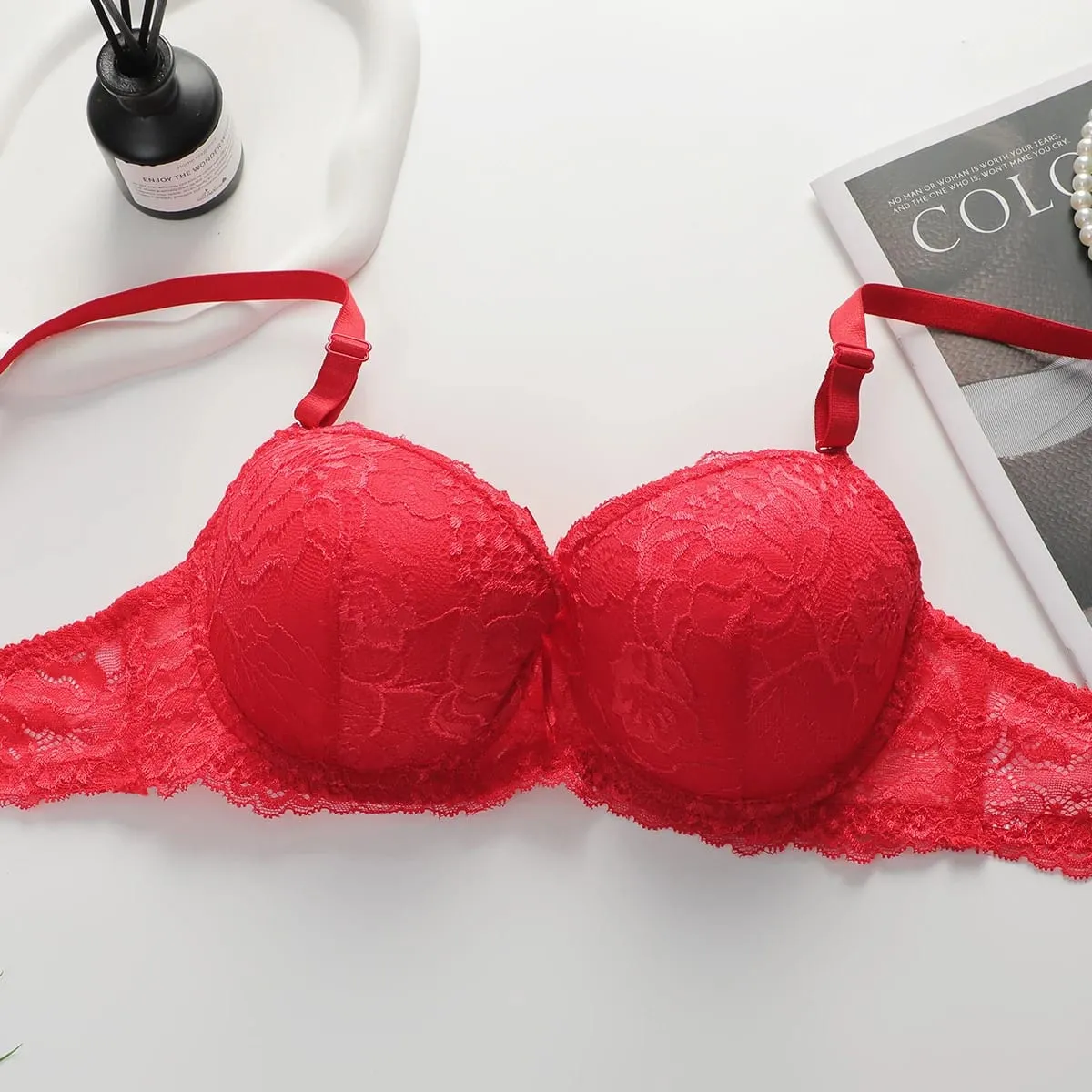 Women Elegant Floral Lace Bra And Panty Set Push‑Up Underwire Brassiere Bow Decor Ladies Lingerie Set