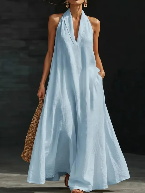 Women's Casual Dresses Sexy Solid V Neck Pocket A-Line Long Dress Spring Summer Sleeveless Loose Beach Vacation Maxi Mujer Dress