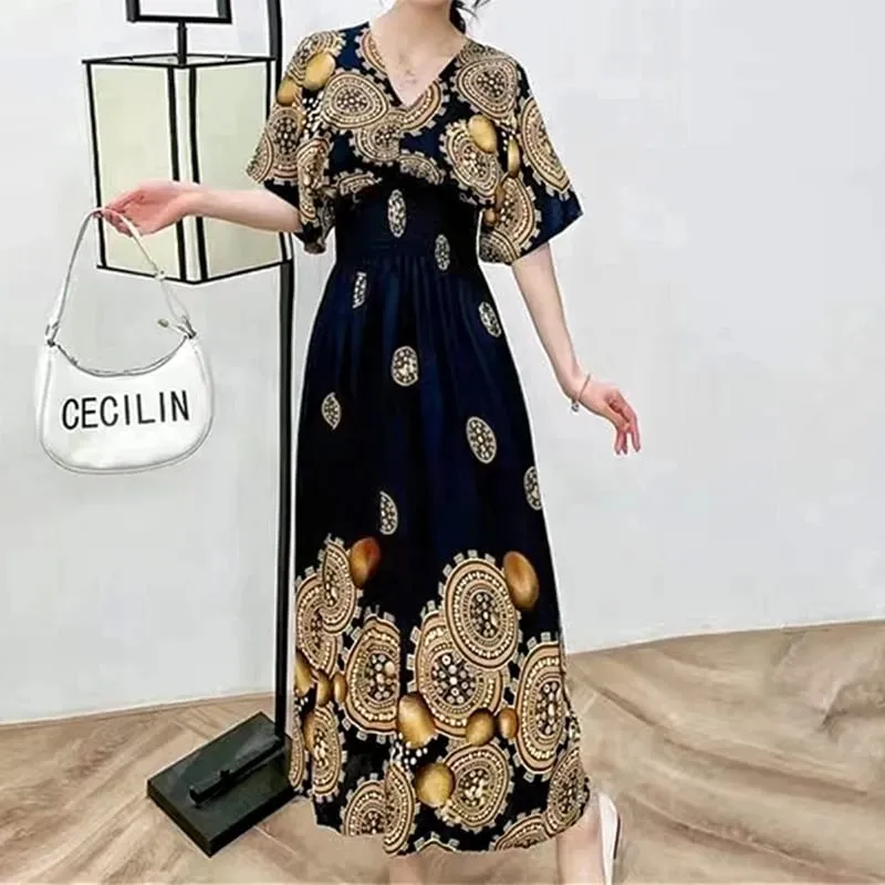 Na co dzień elegancki retro czeski styl narodowy dekolt w serek w pasie duża huśtawka z nadrukiem letnia długa spódnica kobieca sukienka ubrania