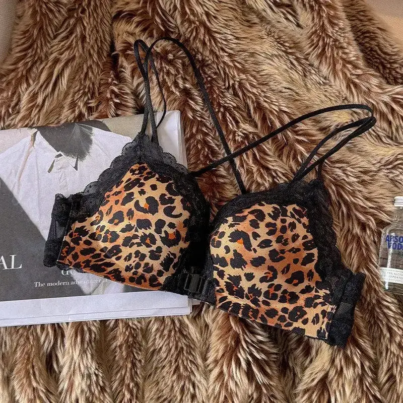 Women Bestselling Leopard Print Lingerie Set Front Closure Sexy Push Up Bra Lift Up Support Soft Daily Intimates Set