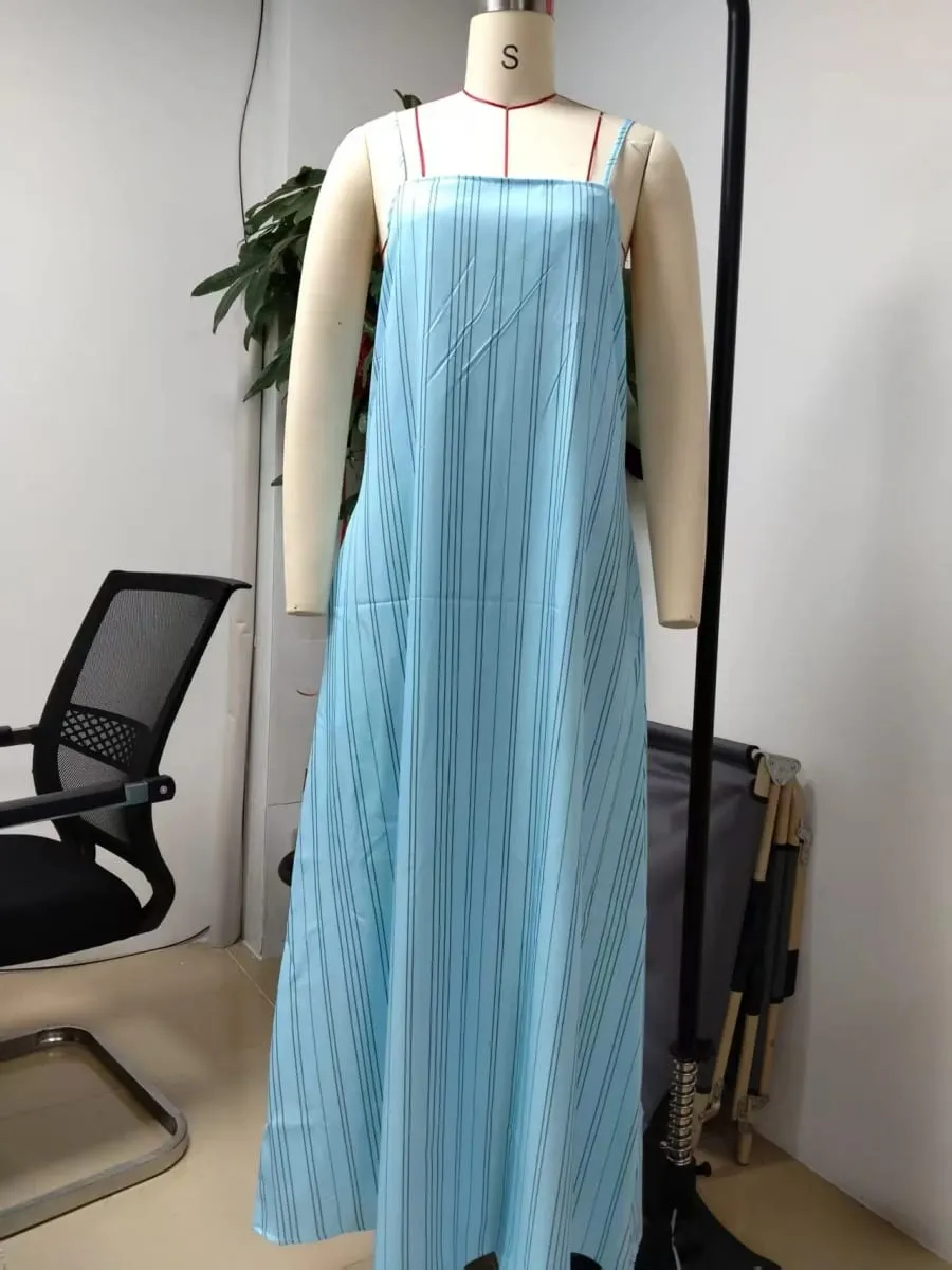 Summer New Striped Casual Camisole Sleeveless Strap Strip Pocket Women Maxi Dress Dresses