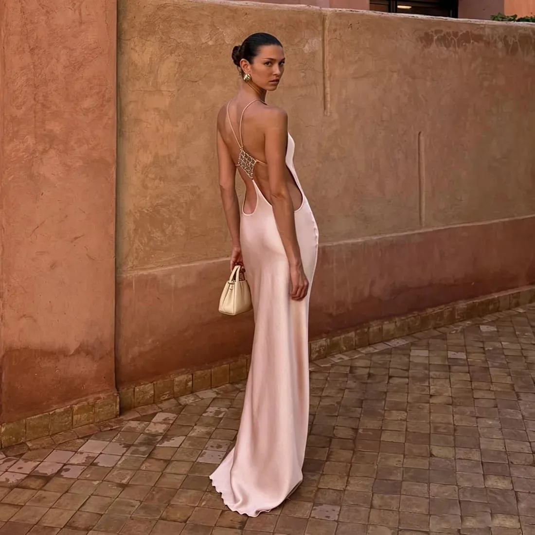Cryptographic Vacation Women's Casual Dresses Sexy Socialite Style Long Dress Rhinestone Decor Slim Solid Backless Women's Gowns