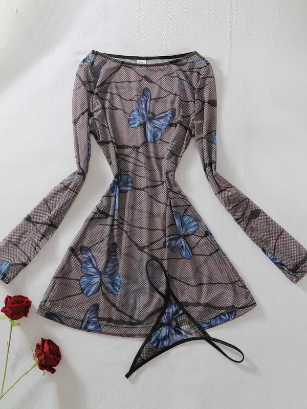 Women 2Pcs Butterfly Ornament Perspective Long Sleeve O Neck Slim Bodycon Dress Sexy Outfit With Matching Thong For Nightwear