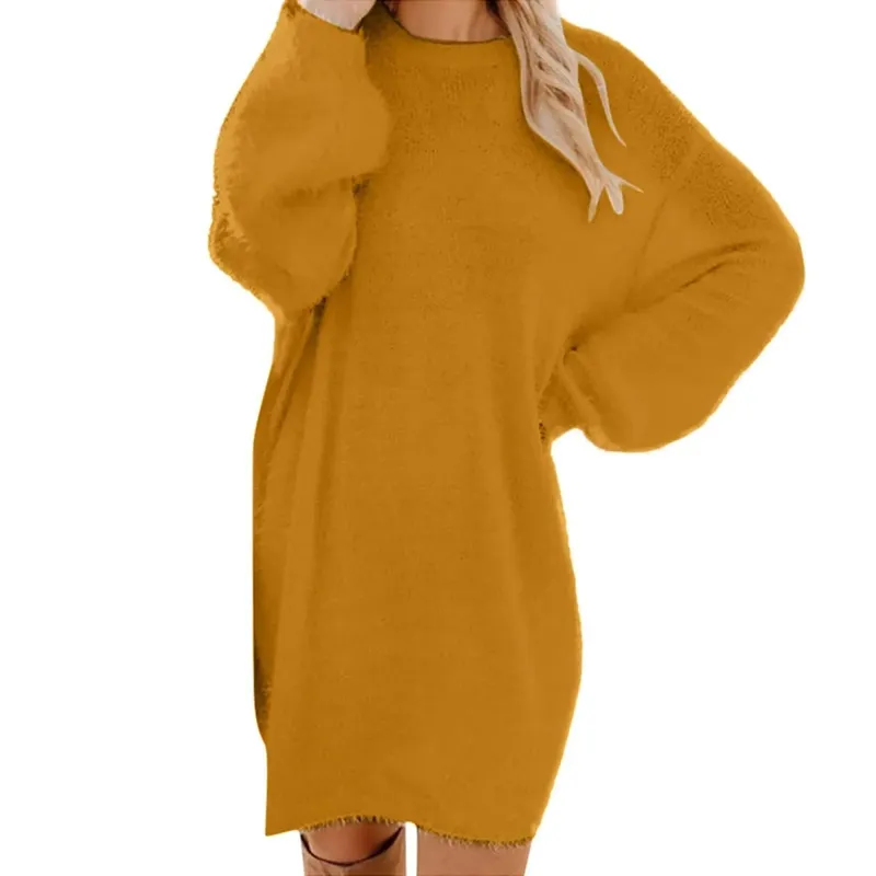Damski sweter zimowy dzianinowy okrągły dekolt ciepły, długi rękaw O-Neck Casual bluzy sukienka jednolity kolor ponadgabarytowy podstawowy materiał damski