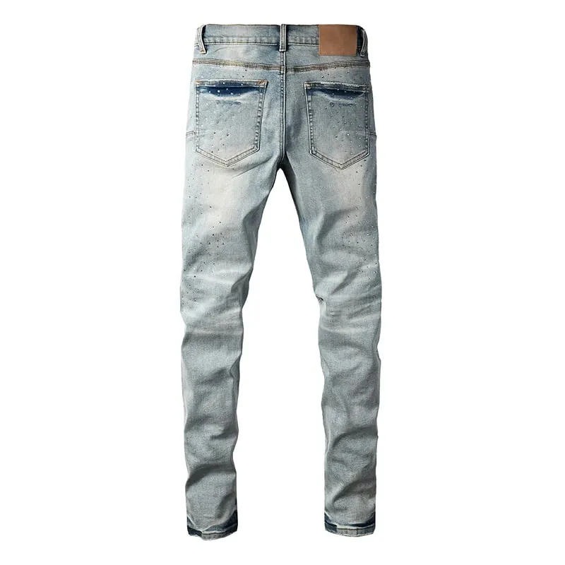 Men's Washed Distressed Skinny Ripped Jeans Light Blue Rhinestone Decor Button Fly High Street Style