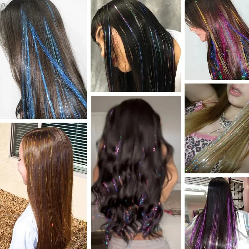 6Pcs Hair Tinsel Kit 24inch 1200 Strands Glitter Tinsel Hair Extensions Shiny Colorful Tinsel Hair Party Highlights for Women