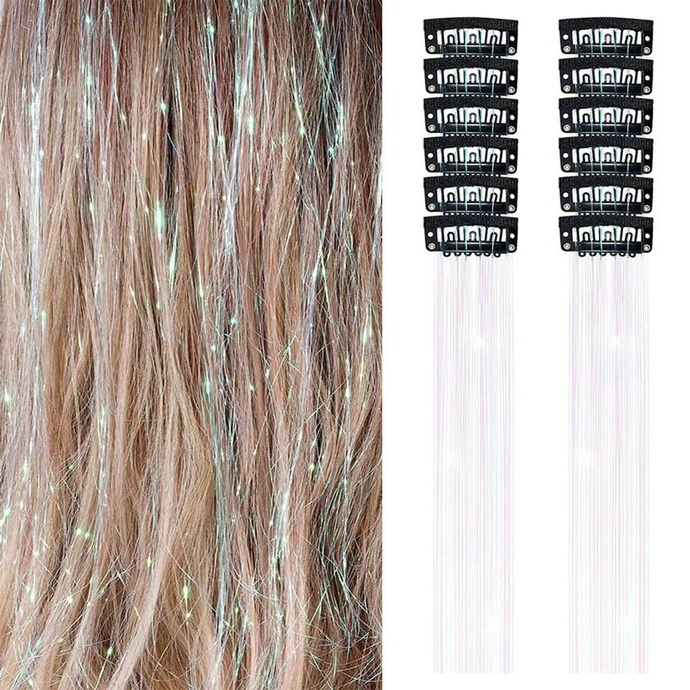 12Pcs Clip Hair Tinsel Clip in Glitter Tinsel Hair Extensions Synthetic Heat Resistant Shiny Sparkle Hair Tinsel for Women Girls