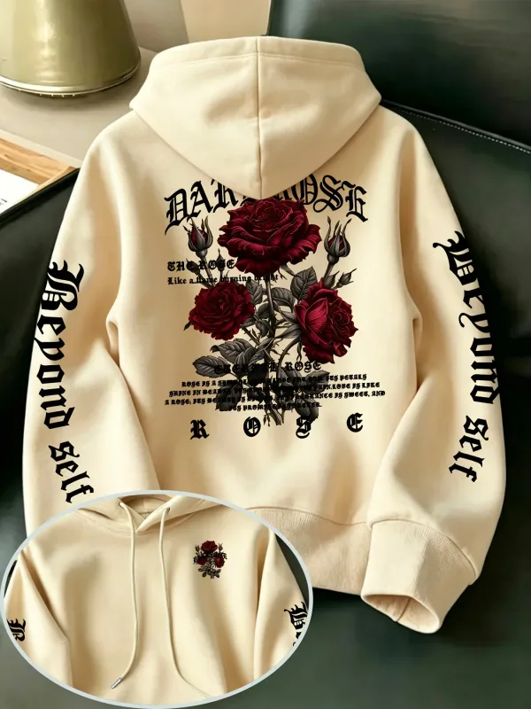 Men's Gothic Rose Hoodie Dark Red Rose Letter Graphic Back Sleeve Print Vintage Oversized Pullover Sweatshirt Streetwear Autumn