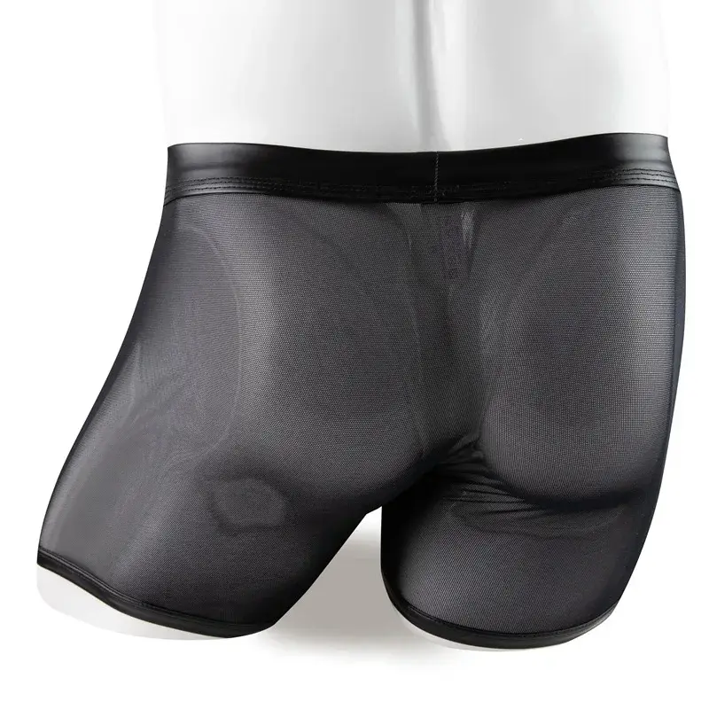 Herren Boxershorts Transparent Mesh Unterwäsche Mann Höschen Kunstleder Abnehmbare Schnalle Beutel Unterhose Cueca Calzoncillo