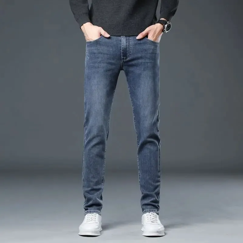 New Autumn/winter 2025 Stretch Wash Jeans for Young Men with Small Straight Elastic WaistJeans Pants Fashion Men's Trousers