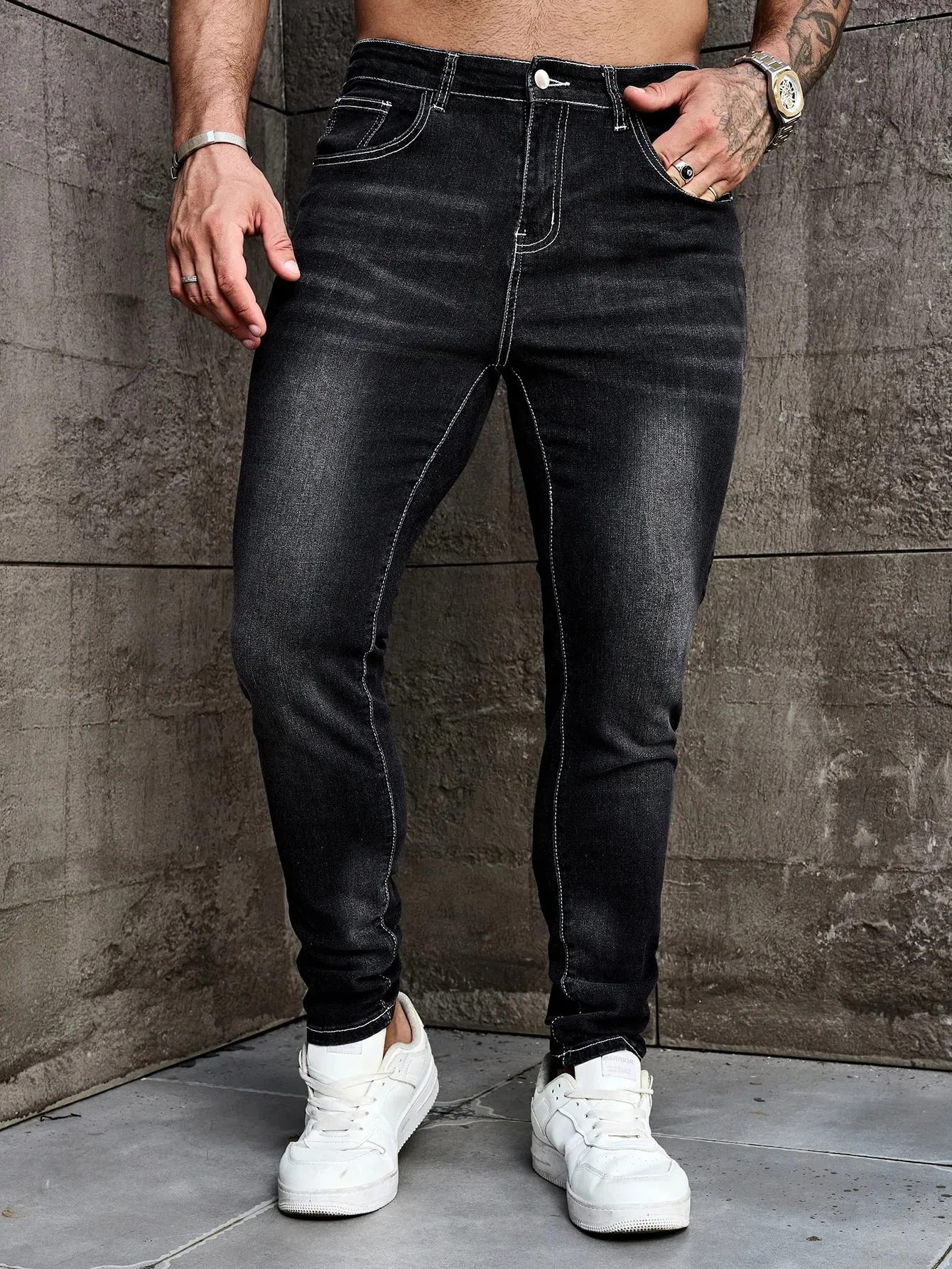 Men Jeans Denim Pants Clothing Trousers Men's Casual Black Washed Slim Fit Stretch Skinny Denim Pants