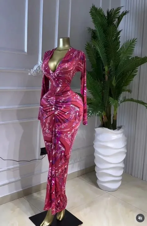 Women Printed Deep V-neck Stacked Ruched Bodycon Midi Maxi Dress 2026 Birthday Holiday Party Trendy Dresses Vestidos