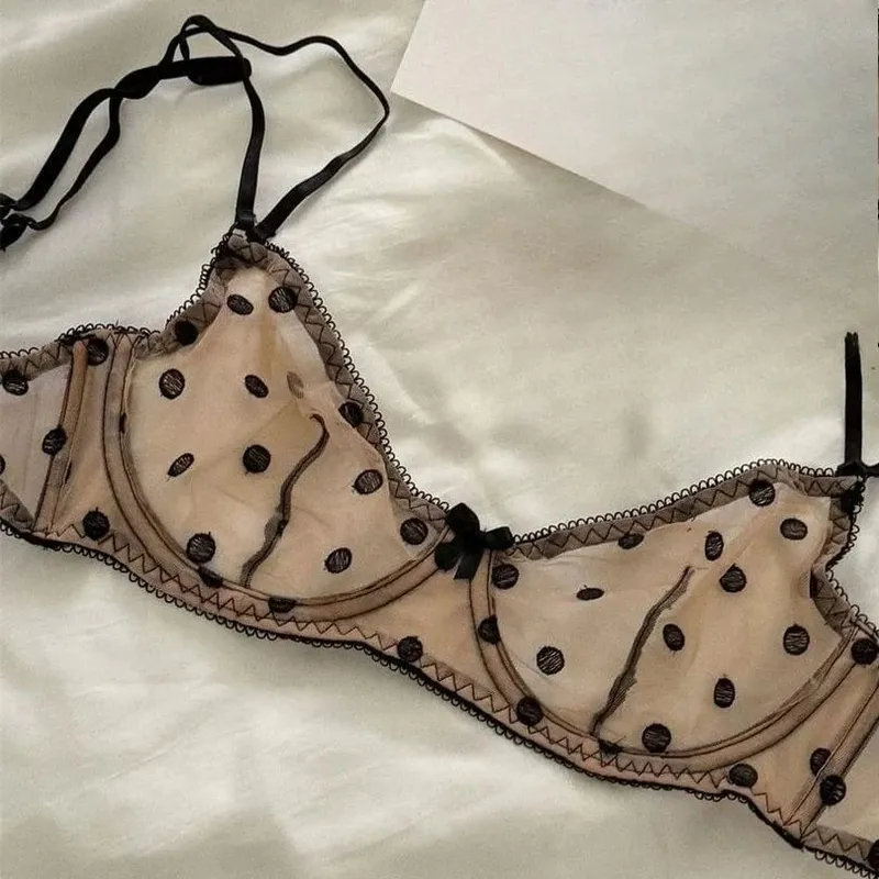 Ladies Polka Dot Lace Embroidery Bra Panty Set Soft Underwire Sheer Mesh Unlined Support Everyday Intimate Lingerie 32-38 Suit
