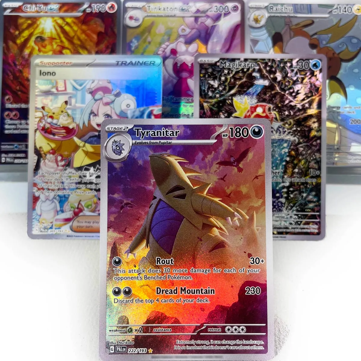 Paldea Evolved PKM Cards PTCG4-C GX Rainbow Magikarp Raichu Tyranitar Iono Rare Collection Battle Toys Gifts for Hobbies