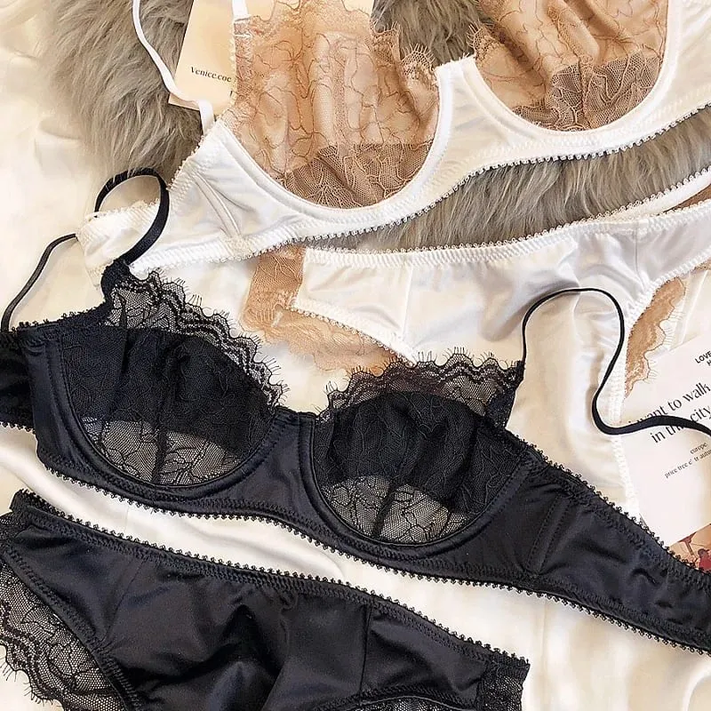 2 Keping Set Bra Renda Ultra Nipis Seksi Wanita Warna Splicing Pakaian Dalam Sutera Perancis Bernafas dan Seluar Dalam Pakaian Dalam Intim