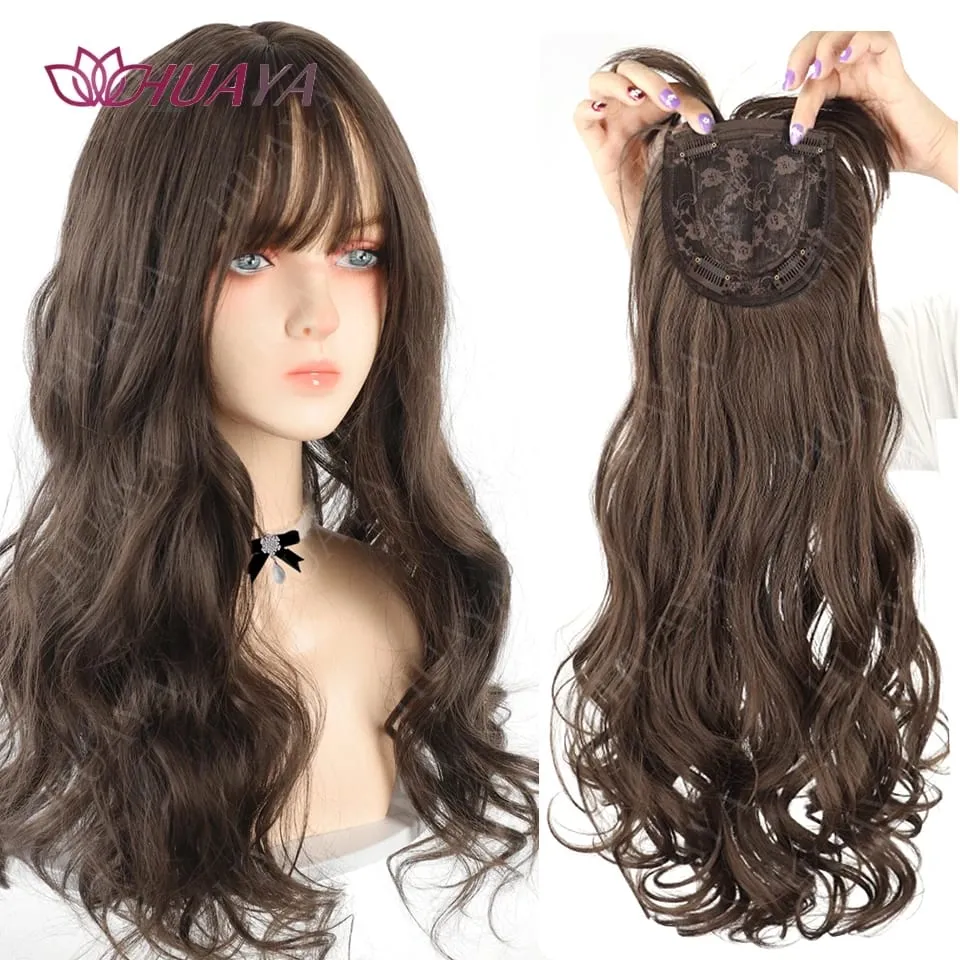Synthetic 3 Clips In Topper Long Wavy Hairpiece Black Brown Women Fake Hair Clip In Hair Extensions With Bangs Fake Hairpiere