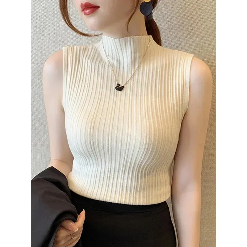 2026 Summer Turtleneck Ribbed Tank Tops Women Camisole Sleeveless Slim Female Stripe Croped Vest Casual Solid Camis Top