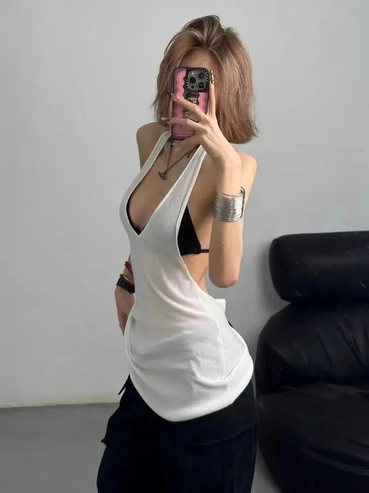 Sexy Hot Girl V-neck Knitted Halter Top for Women in Summer New Style for Outerwear Backless White Sports Slim Fit Top Trendy