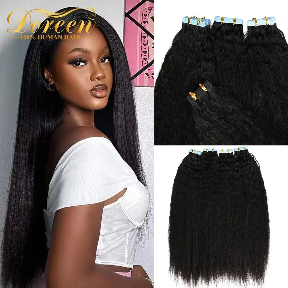 Pita Yaki Lurus Doreen 14-24 Kinky dalam Sambungan Rambut 100% Pita Rambut Manusia Sebenar dalam Kulit Rambut Hitam Asli Pakan 50g Rambut Pita