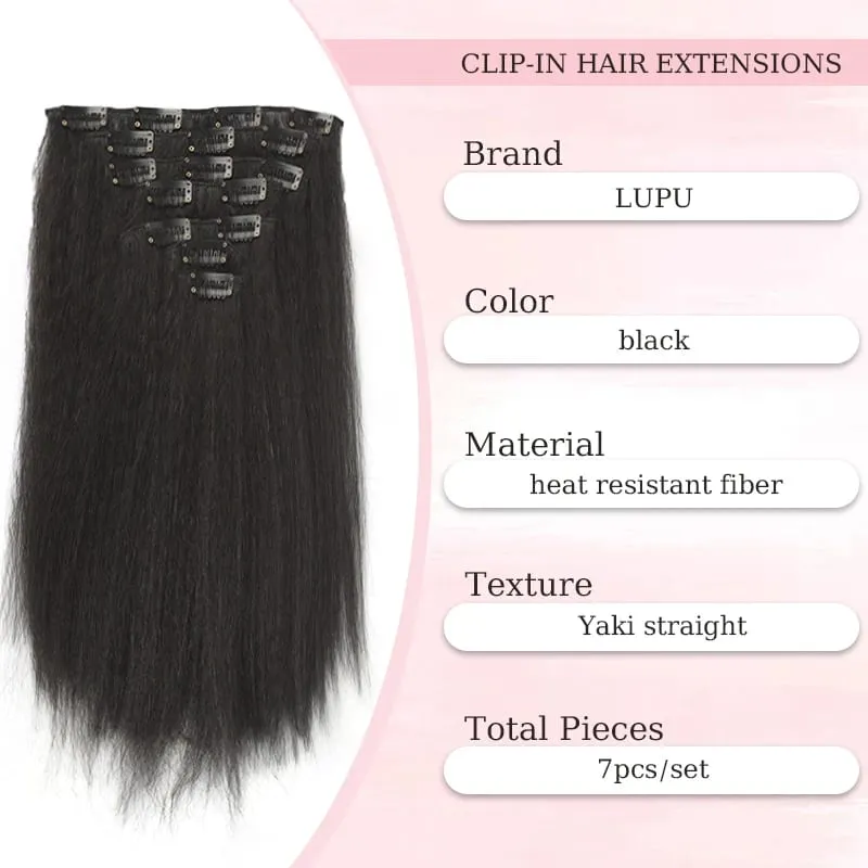 7Pcs Clip in Hair Extensions Wig Synthetic Black Yaki Straight Hair Extensions with BB Clip Fluffy Hairpiece for Women Daily Use