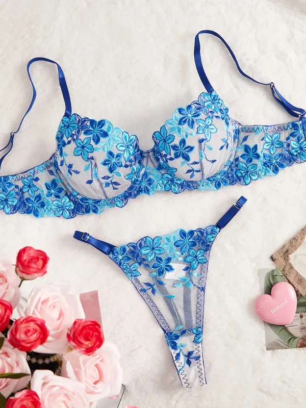 Purple Sexy Lingerie for Women Sets Lace Embroidery 2 Piece Underwear Set Sheer Mesh Bra and Panty Set with Underwire