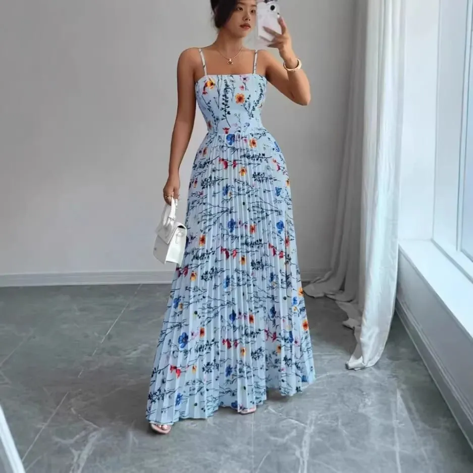 Elegant Floral Print Maxi Dress Women Summer Sexy Cami Slip Dress Casual Sleeveless A-Line Long Dresses Vintage Beach Vacation