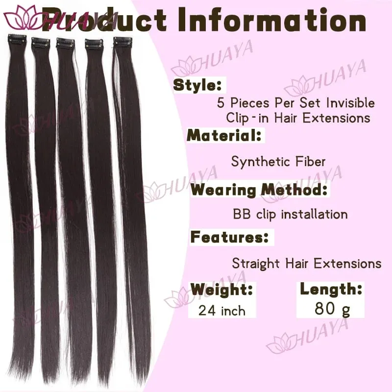 Synthetic 24-inch BB clip-in hair extensions 5 pieces per set one clip per piece seamless hairpieces.Easy and comfortable to w