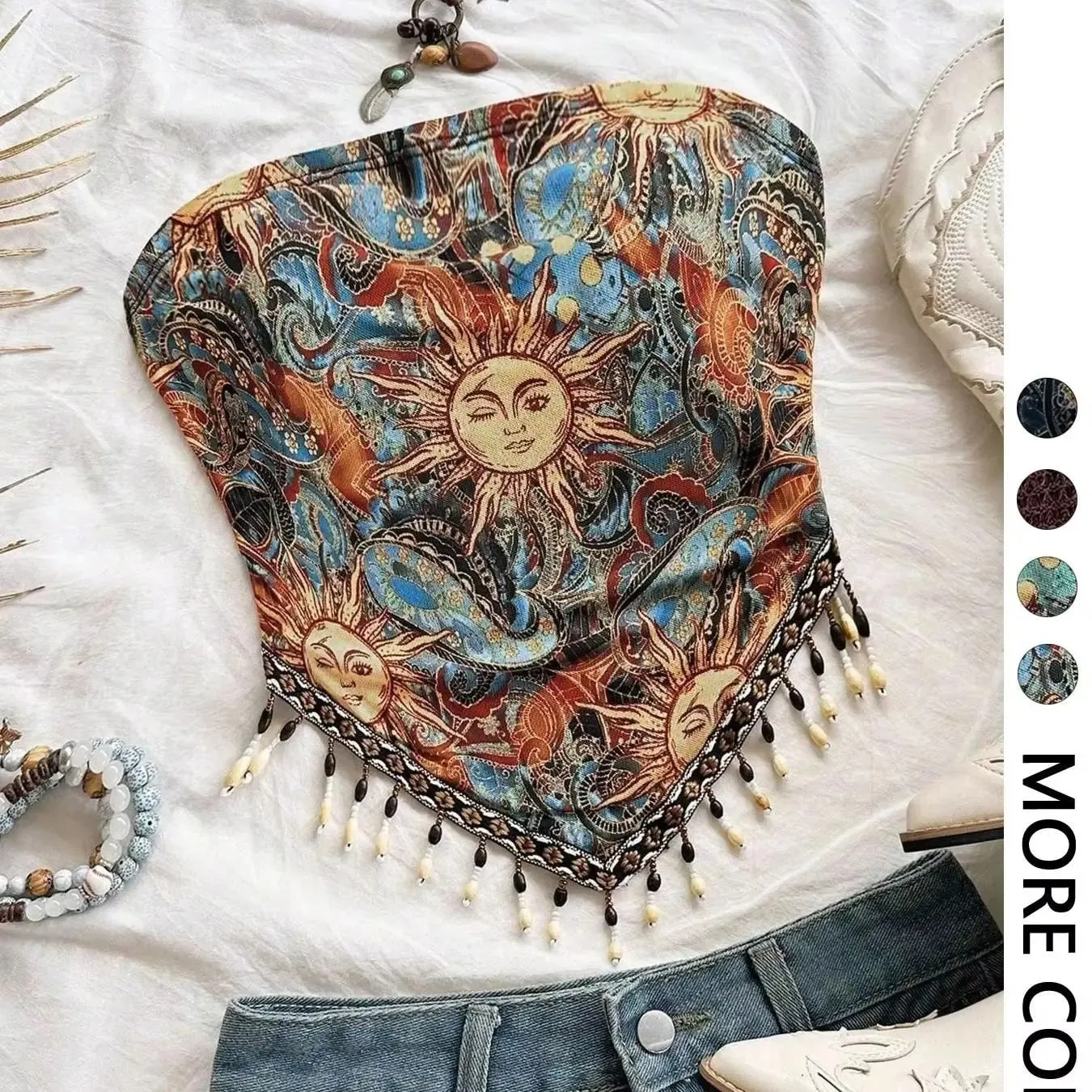Ladies' 1pc Printed Mesh Knitted Tube Top with Triangular Hem And Beaded Fringe Trimmings