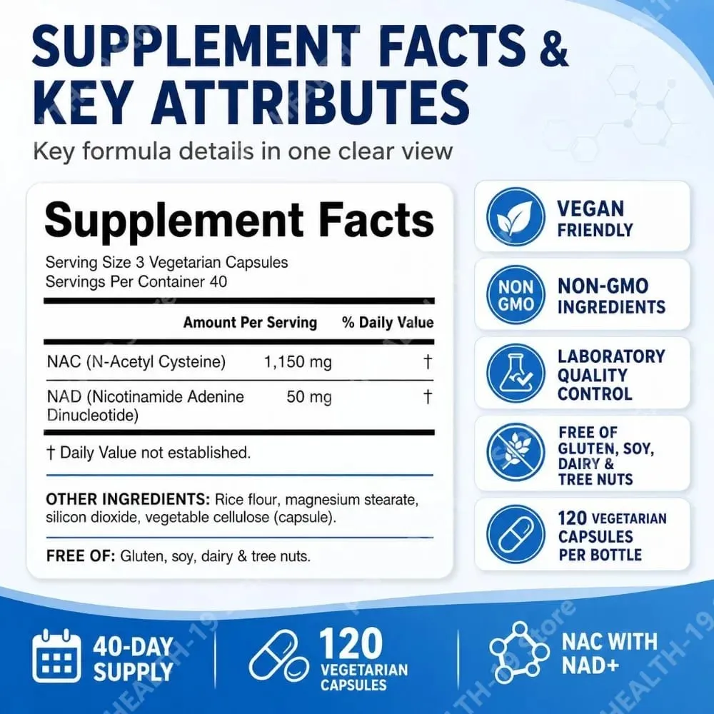 كبسولات NAC N-Acetyl Cysteine ​​1200mg NAD+ للمناعة الخلوية ومضادات الأكسدة لدعم الطاقة للبالغين، 120 قطعة