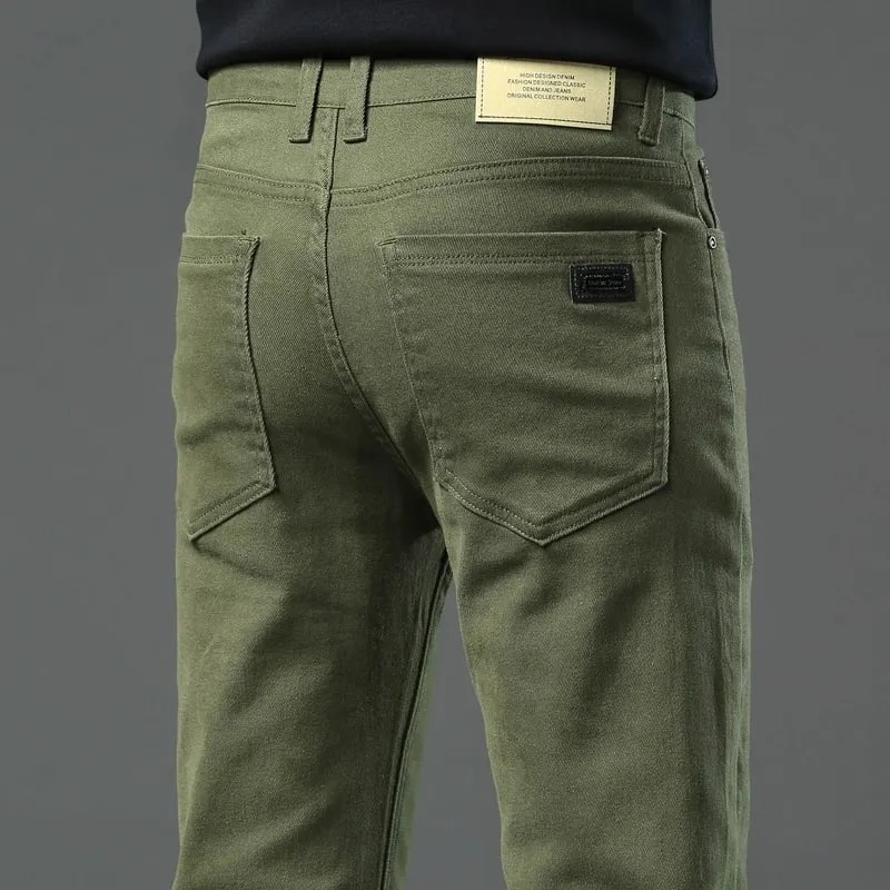 ArmyGreen Elastic Cotton Jeans Men's Spring Fashion Slim Straight Denim Pants Comfort Large Size Korean Business Casual Trousers — image 3