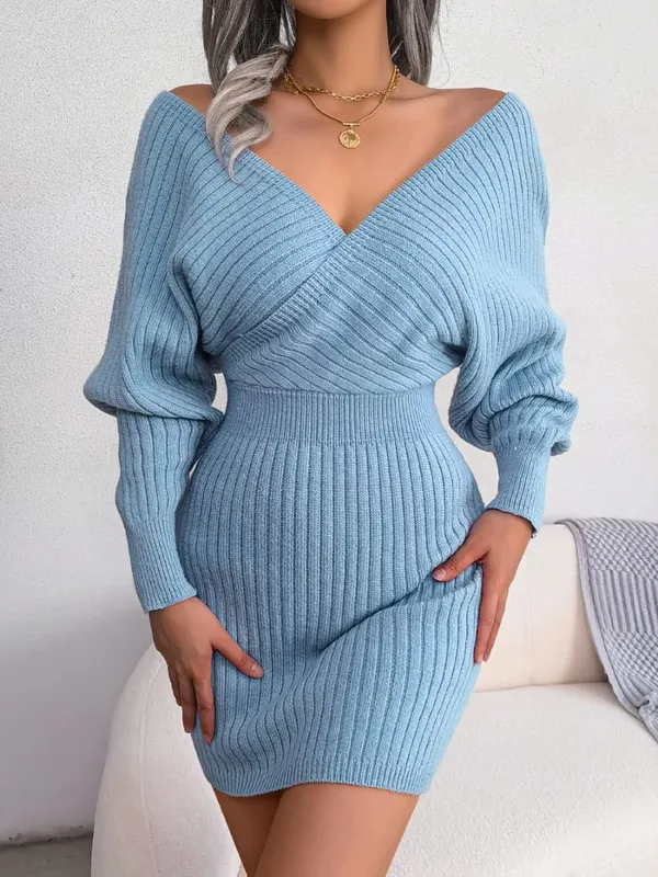 VigoCasey 2026 White Cross V Neck Short Knit Dress Spring Autumn Women Casual Long Sleeve Dress Sexy Lady Solid Knitted Dresses